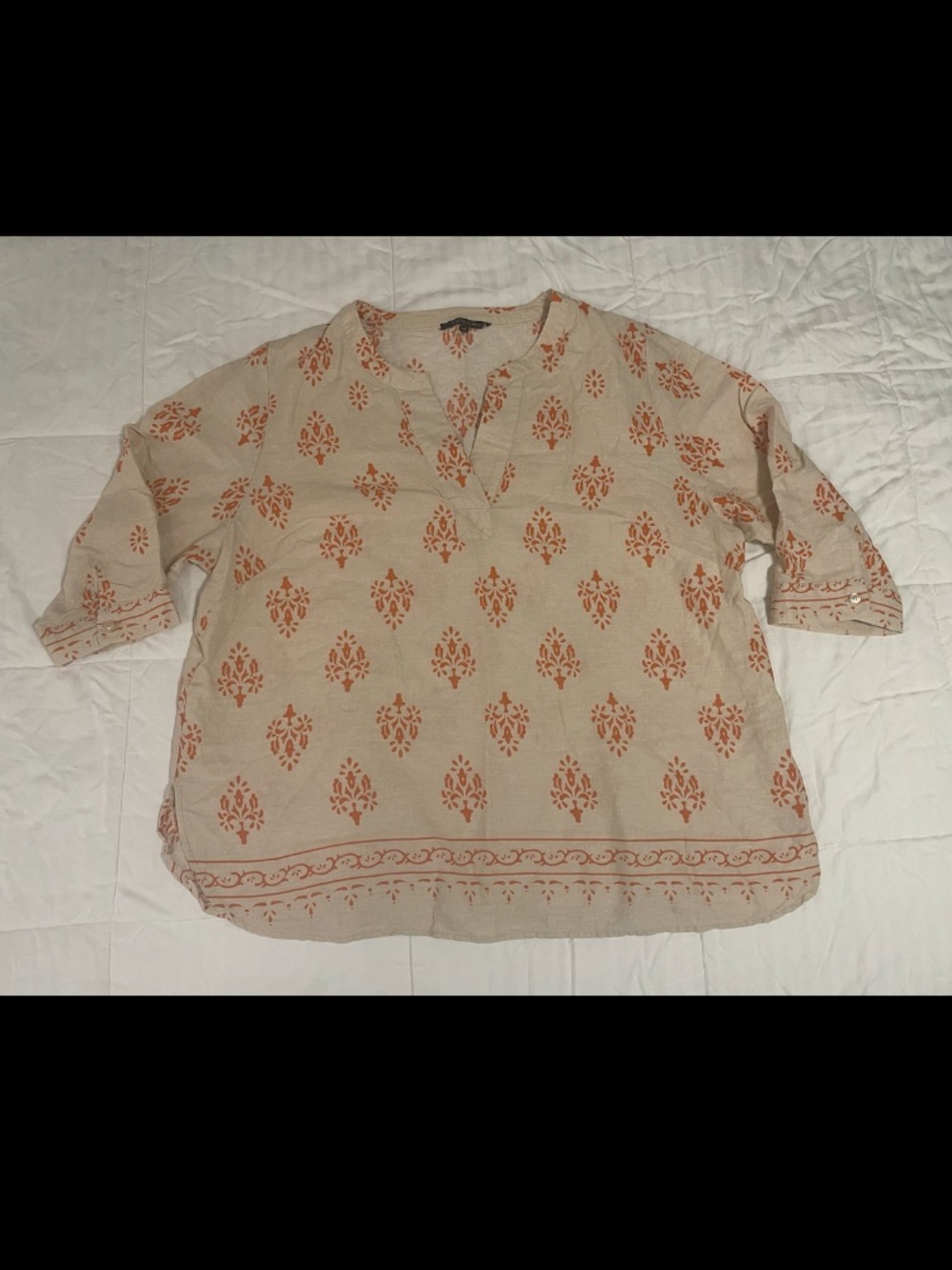Tahari Sz 2X Linen Blend Tan Orange Shirt Tunic Boho Lagenlook Resort V Neck